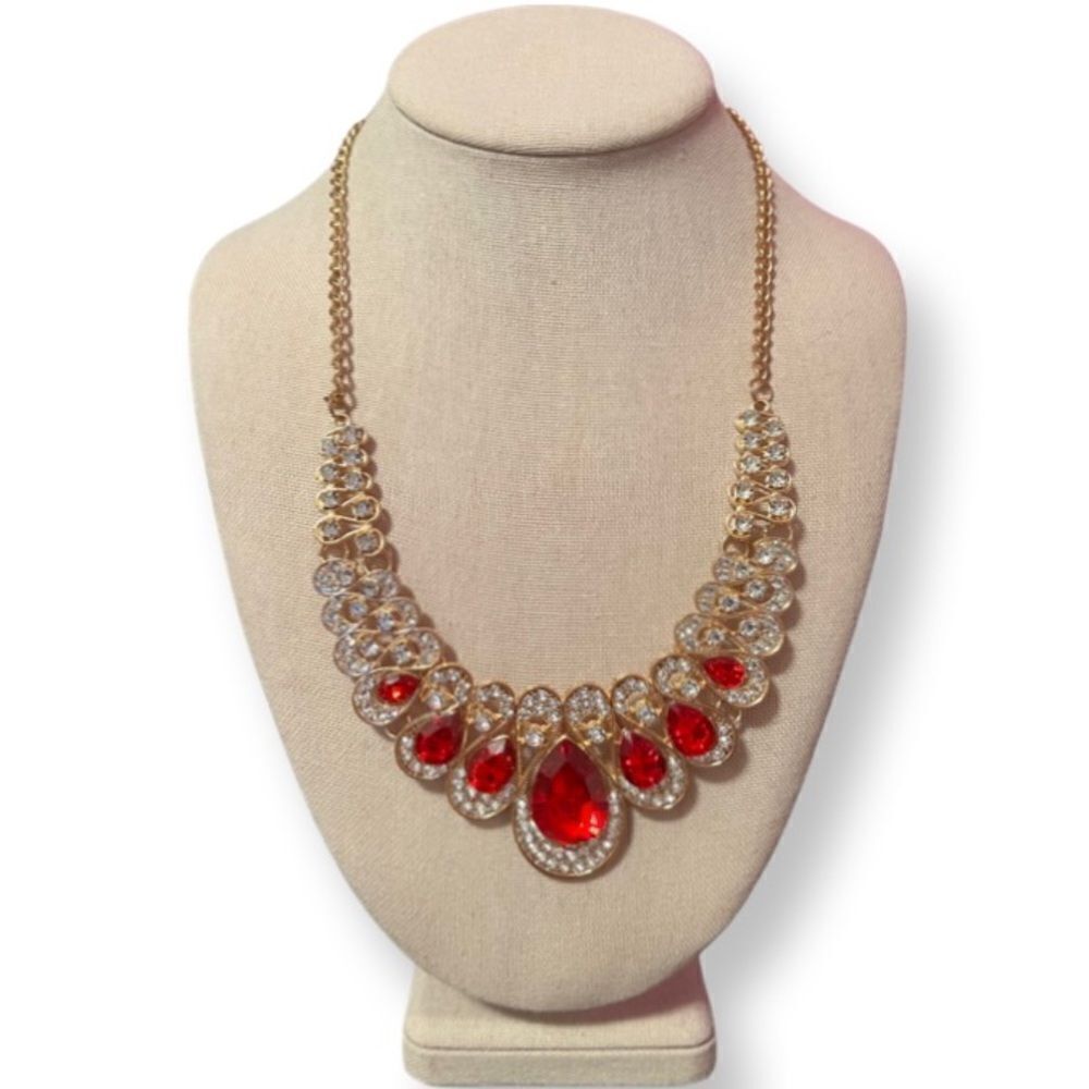 Red And Clear Rhinestone Gold Tone Statement Necklace